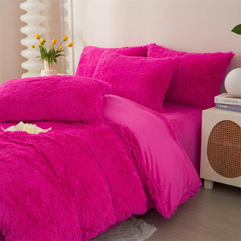 MorroMorn 5 PCS Shaggy Duvet Cover Bedding Set - Fluffy Comforter Cover Long Faux Fur Luxury Ultra Soft Cozy (Hot Pink, Full/Queen) - Image 5